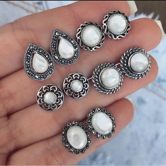 Jewelry - 5Pairs/Set Bohemian Opal Stud Earrings Set for Women Silver Color Dazzling